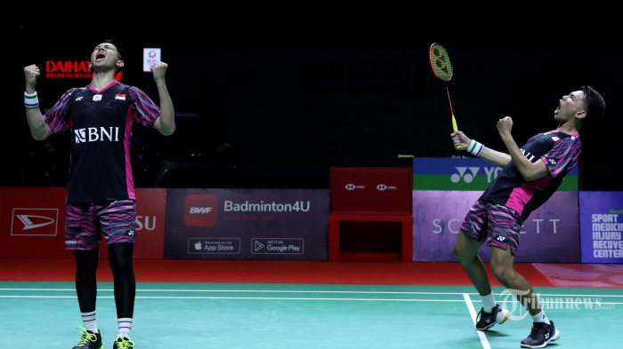 Pasangan pebulu tangkis ganda putra Indonesia, Fajar Alfian (kanan) dan Muhammad Rian Ardianto ke final Malaysia Master 2022. dok. Tribunnews. Malaysia Master 2022: Empat Wakil Indonesia di Final, 1 Emas Dipastikan dari Ganda Putra