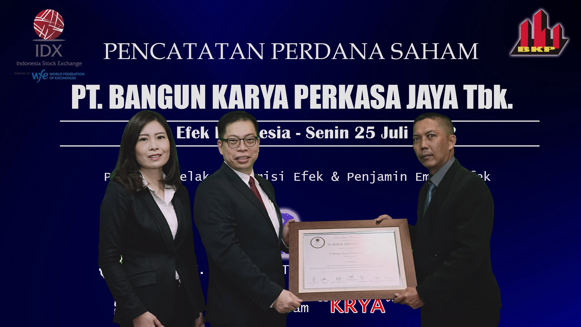 Jajaran manajemen PT Bangun Karya Perkasa Jaya Tbk dalam pencatatan saham perdana yqnh dilakukan secara virtual sebagai emiten ke 28 di bei tahun 2022. Foto- Istimewa Oversubscribed 39 Kali, Listing Perdana Bangun Karya (KRYA) Berfluktuasi di Zona Hijau