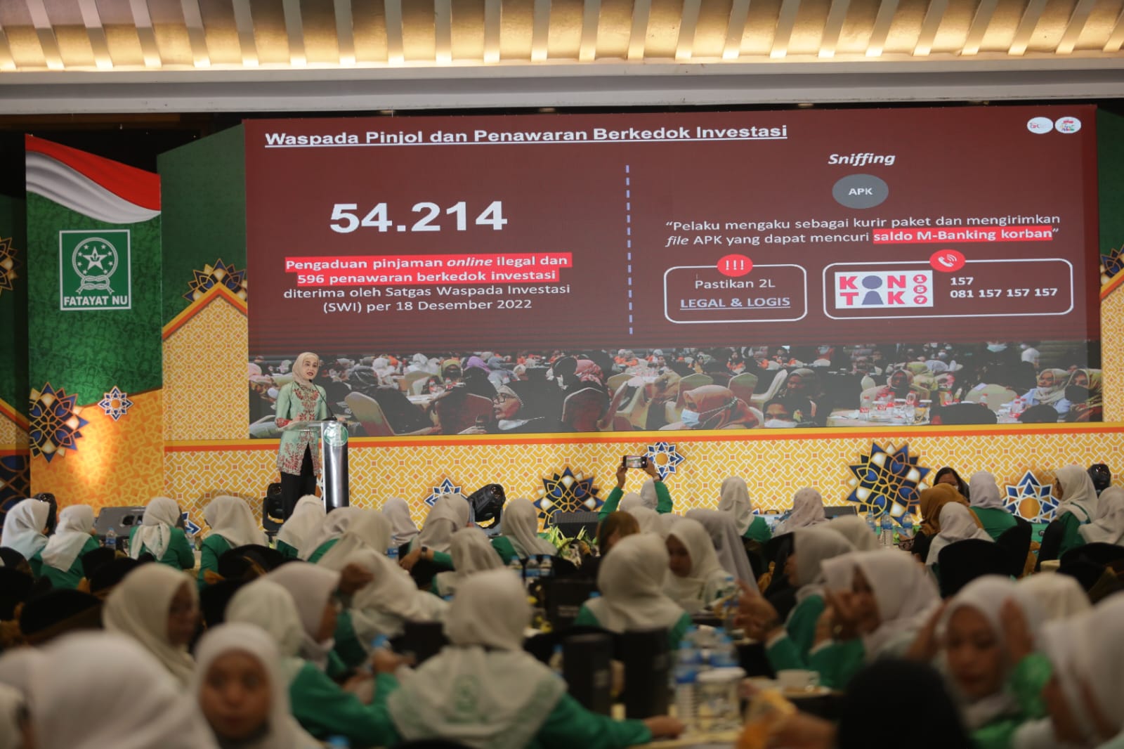 Anggota Dewan Komisioner OJK Bidang Edukasi dan Perlindungan Konsumen Friderica Widyasari Dewi dalam sambutannya di hari Ibu bersama Fatayat NU. Foto/istimewa Dorong Peran Perempuan Dalam Ekonomi Keluarga, OJK Beri Pesan Untuk Fatayat NU