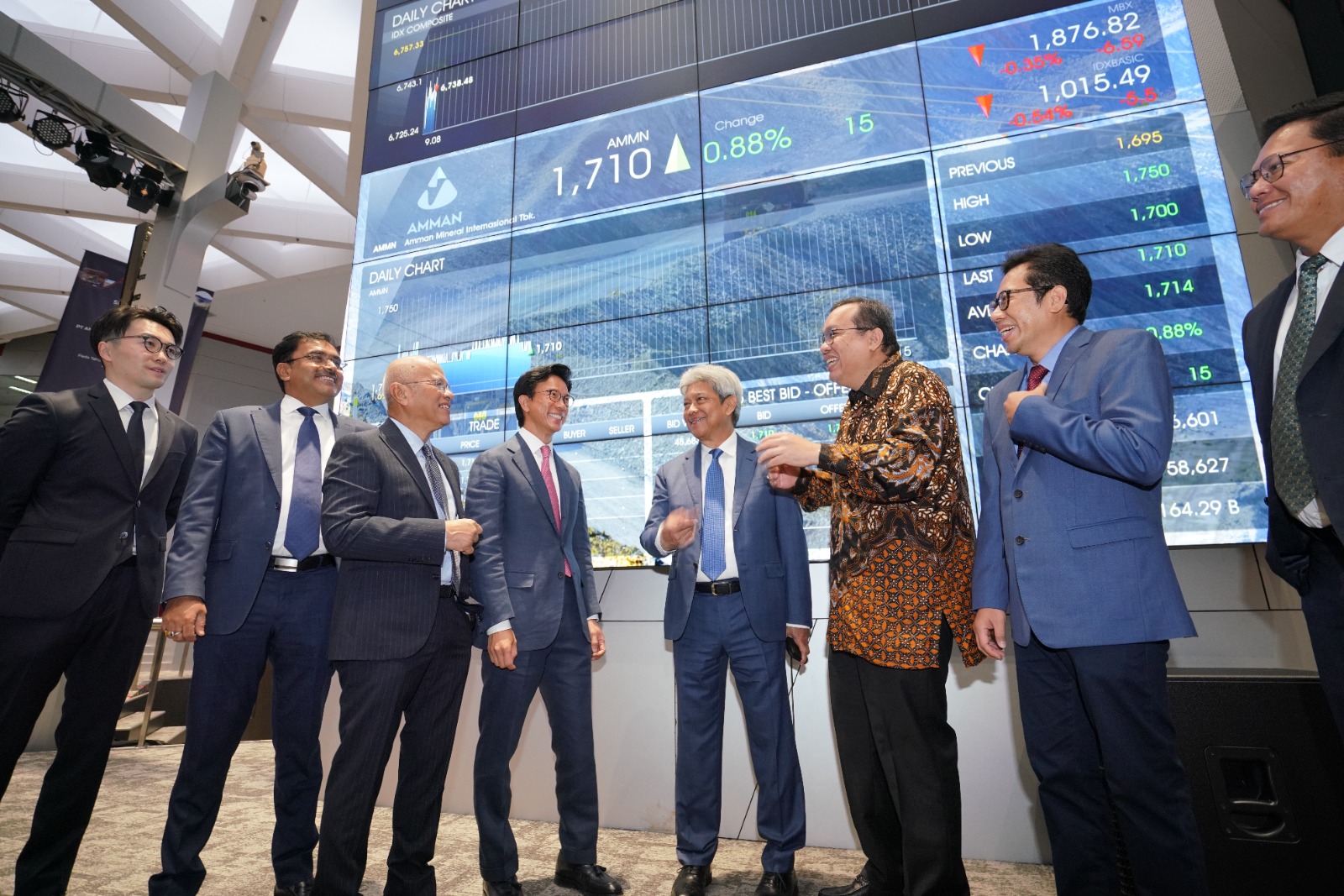 Ki - Ka: 1. Director PT Amman Mineral Internasional Tbk, Irwin Wan 2. Director PT Amman Mineral Internasional Tbk, Naveen Chandralal 3. President Commissioner PT Amman Mineral Nusa Tenggara, Hilmi Panigoro 4. President Director PT Amman Mineral Internasional Tbk, Alexander Ramlie 5. President Commissioner PT Amman Mineral Internasional Tbk, Agus Projosasmito 6. President Director Indonesia Stock Exchange, Iman Rachman 7. Director of Listing Indonesia Stock Exchange, I Gede Nyoman Yetna 8. President Director PT Amman Mineral Nusa Tenggara, Rachmat Makkasau. dok. ist. Resmi Melantai di BEI, IPO Amman Mineral Internasional Terbesar di Indonesia Tahun 2023