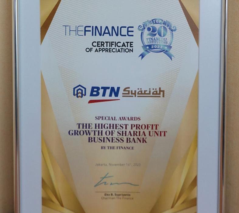 Laba Melejit, BTN Syariah Sabet The Highest Profit Growth of Syaria Unit Business Bank