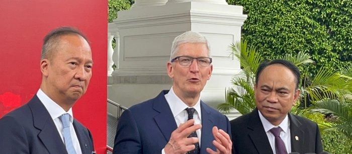 CEO Apple Tim Cook diapit Menteri Perindustrian Agus Gumiwang Kartasasmita, dan Menkominfo Budi Arie Setiadi (kanan) usai bertemu Presiden Joko Widodo di Istana Kepresidenan, Jakarta, Rabu, (17/4/2024). dok. Tribunnews. Bertemu Presiden, Bos Apple Pertimbangkan Bangun Pabrik di Indonesia