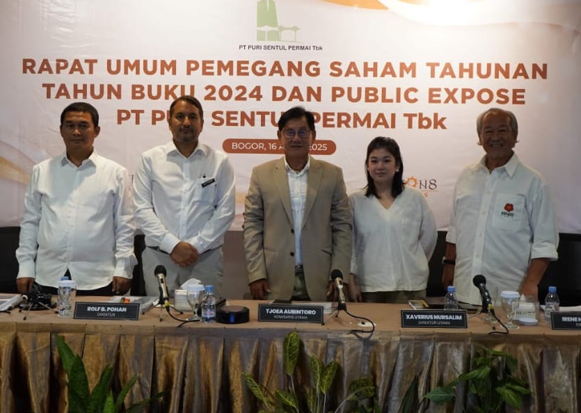 KOMPAK - (Ki-ka) Liris Suryanto Komisaris Independen, Rolf B. Pohan Direktur, Tjoea Aubintoro Komisaris Utama, Irene Nursalim Direktur, dan Xaverius Nursalim Direktur Utama saat Rapat mum Pemegang Saham (RUPS) tahunan Puri Sentul tahun buku 2024. FOTO - ISTIMEWA Konsisten Dividen, Ini Rencana Ekspansi dan Target KDTN 2025