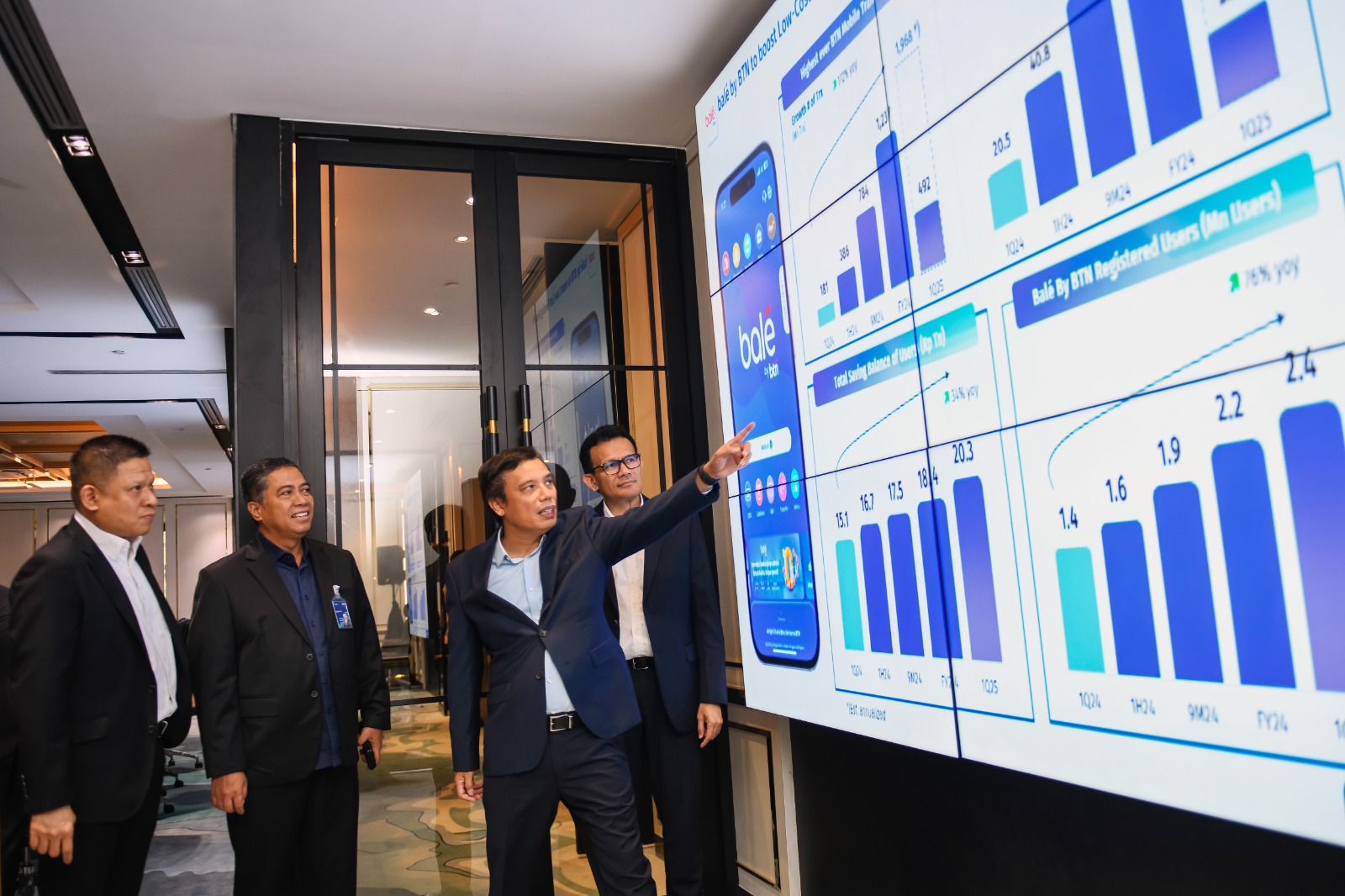 Bos BTN Nixon Napitupulu (dua kanan) menunjukkan grafik peningkatan kinerja perseroan. FOTO - ISTIMEWA Performa Cemerlang, Kuartal I-2025 Kredit BTN Sentuh Rp363 Triliun