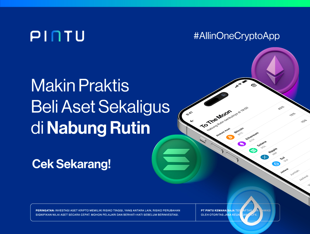 Flyer #AllinOneCryptoApp dari PINTU. PINTU Rilis Auto DCA, Bisa Nabung 50 Aset Kripto Sekaligus