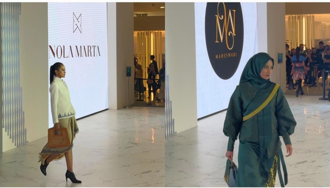 Sesi Fashion Show UMKM binaan Astra menampilkan koleksi karya Nola Marta (kiri) dan Maheswari (kanan) dalam gelaran Fashion Nation 2025 di Senayan City, Jakarta (21/9). Yayasan Astra & SFA Angkat UMKM Binaan di Fashion Nation 2025